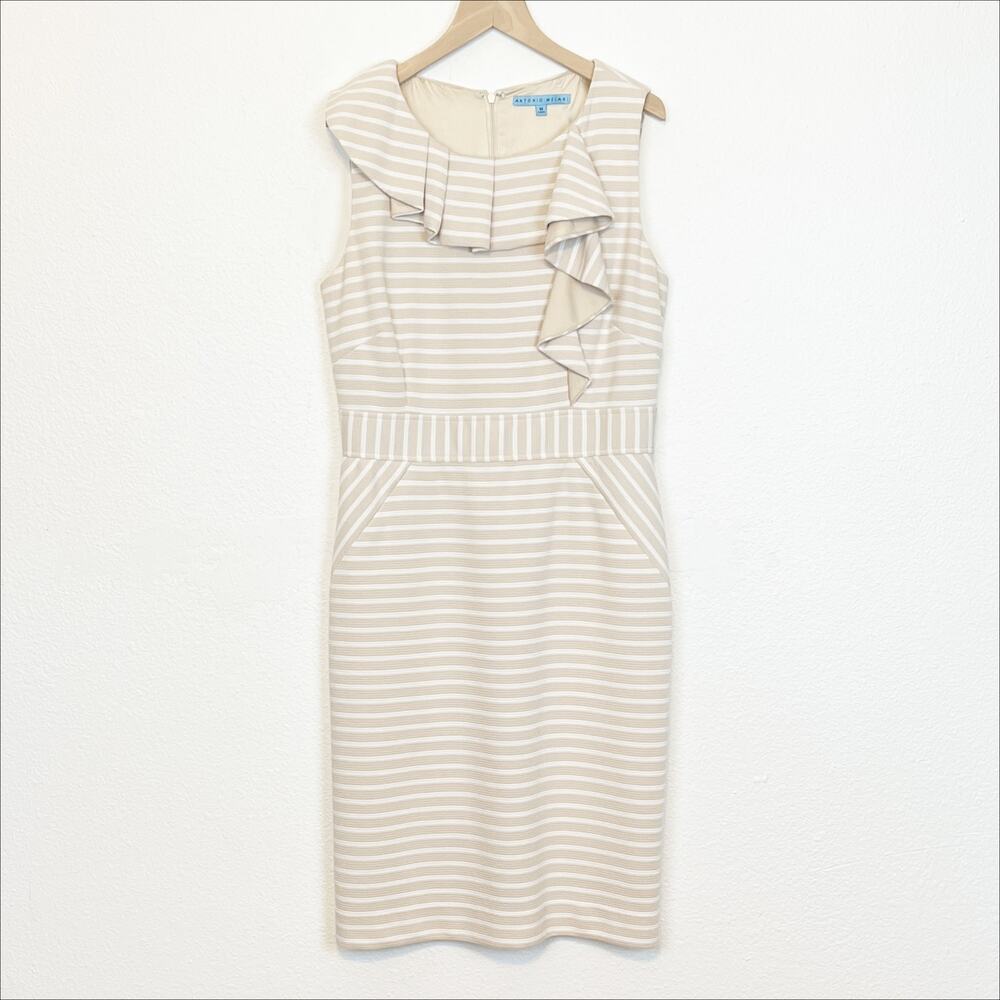 Antonio Melani Cream and White Striped Ruffle Sheath Dress Size 10